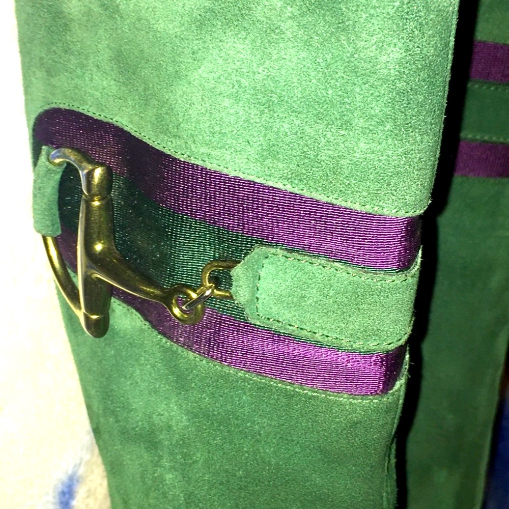 GG DEADSTOCK Gucci Green Suede Purple Ribbon w Horse-bit Boots - Picture 4 of 11